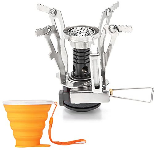 Backpacking spis & hopfällbar kaffemugg - Bärbar campingspis - Liten spis Enkelbrännare för bränslebehållare - Mini Pocket Pocket för vandring - Kompatibel med 4 vanliga typer av campingspisbränslen