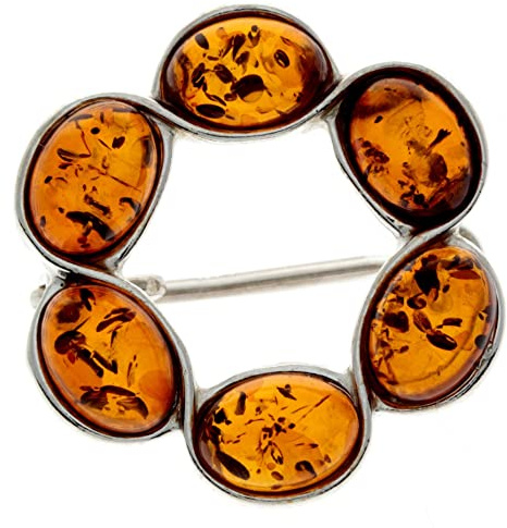 Broche clásico de plata de ley 925 y ámbar báltico auténtico 4174X, 2.2 cm x 2.2 cm, Plata esterlina, Ámbar