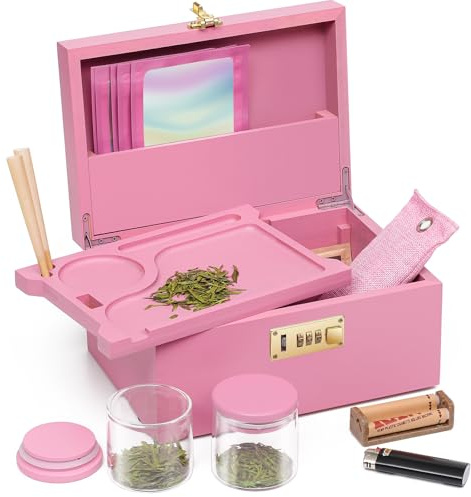 OZCHIN Large Bamboo Box with Combination Lock Decorative box for Home Great Gift Choice Storage Lockbox with Storage Jar, Christmas Gifts for Men Women (Pink, M)