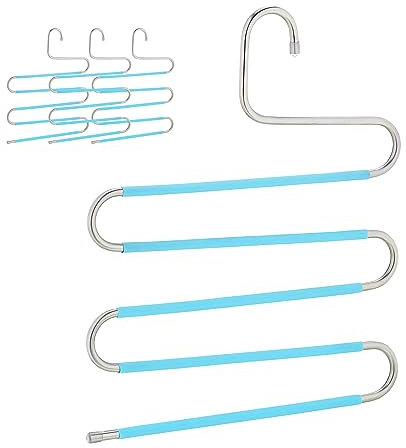 Relaxdays Gruccia Multipla per Pantaloni, Set da 4 Stampelle a S, Appendini Antiscivolo, con 5 Aste, Argentato Azzurro