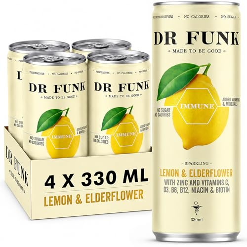 Dr Funk Flavoured Sparkling Water with Vitamins and Zinc (4 x 330ml) - No Sugar, No Calories, No Artificial Sweeteners, Enriched with Nutrients for a Healthy Fizzy Drink (Lemon & Elderflower)