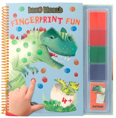 Depesche 12106 Dino World - Fingerprint Fun, Libro para Colorear con 4 Almohadillas de Tinta, los Dedos
