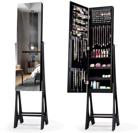 HOMASIS Stehender Schmuckschrank, klarer Spiegel im ganzen Körper, Schmuckschrank mit 12 LED-Lichtern, verstellbar in drei Winkeln, Organizer für alle Arten von Schmuck, 36 x 33,5 x 154,5 cm (schwarz)