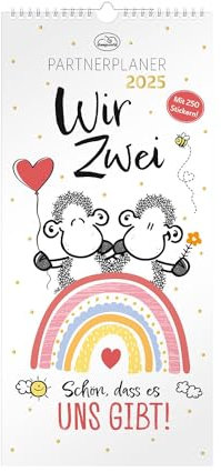 Sheepworld Partnerplaner 2025: Wir Zwei. Schön, dass es uns gibt.. Wandkalender mit zwölf Monatsseiten mit 4 Spalten zum Planen, Spiralbindung, inklusive Stickerbogen mit 250 Aufklebern.