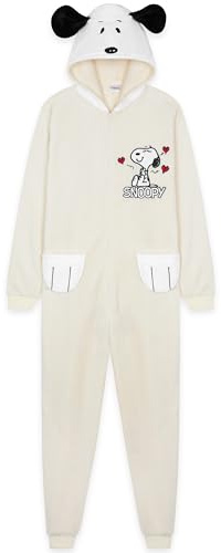 Peanuts Snoopy Pyjama Femme Combinaison Polaire Douce Hiver Chaud, Grenouillere Ado Pilou Pilou avec Capuche et Oreilles 3D (XL, Beige)