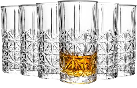 binsakao Highball Glasses - Drinking Glasses Set of 6 - Tumblers Water Glasses - Glassware Sets - Collins Tall Beverage Cups for Cocktail, Drinks, Water, Beer, Soda (Style E)