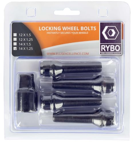 RYBO Set of 4 M14 x 1.25 Tapered Alloy Wheel Locking Bolts (Chrome or Black) (Black, 40mm Thread Length)