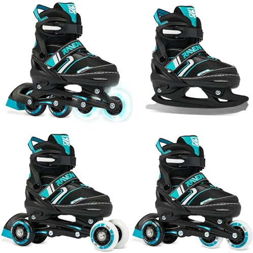 RAVEN 4in1 Inline Skates Pattini in linea Triskates Pattini a rotelle/da ghiaccio per bambini e adulti regolabili (Helixi Black/Mint, 38-42 (24,5cm-26,5cm))
