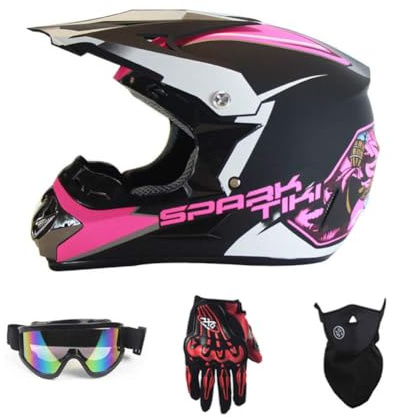 Casco de Motocross Mujer, Negro y Morado, Casco Moto Cross Infantil con Gafas/Mascarilla/Guantes, Cascos Enduro MTB Integral Adulto para Descenso Enduro MX Quad Motocicleta (L,D)