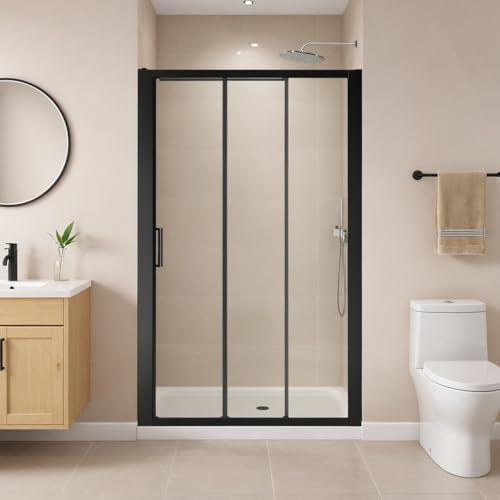 Shower Door 44-48 in W x 70 in H Tri-Fold Single Sliding Shower Door 1/4 in Clear SGCC Tempered Glass Door Spacious Walk in Access in Matte Black Finish with Reversible Installation