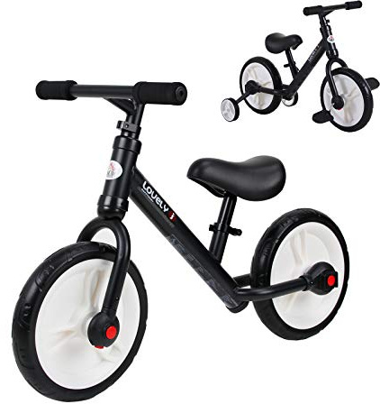 HOMCOM Bicicletta Senza Pedali per Bambini da 2 a 5 Anni, Balance Bike con Sellino Regolabile, Ruote Ausiliarie e Pedali, Fino a 25 kg, Nero