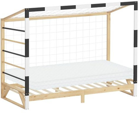 ML-Design Barnsäng med Fotbollsmål 90x200 cm med Madrass H:10 cm Träbädd med Ribbotten Klätterstege och Nät Ungdomssäng av Furu Enkelsäng för Barn Sängram för Pojkar Flickor Lekbädd Sovplats Barnsäng