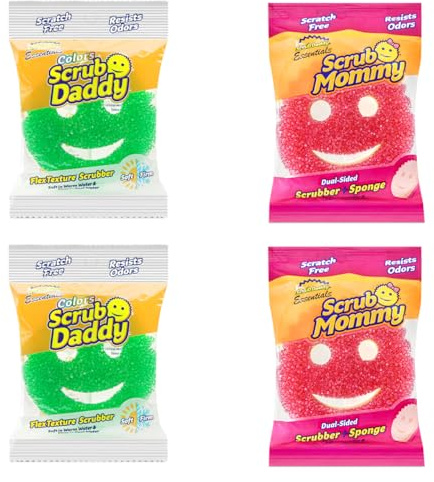 Scrub Daddy et Scrub Mommy Essentials - Éponges pour Le Nettoyage et la Vaisselle, Lot de Tampons de Cuisine Non Rayants avec FlexTexture, Éponges Grattantes pour Vaisselle, Pack de 4