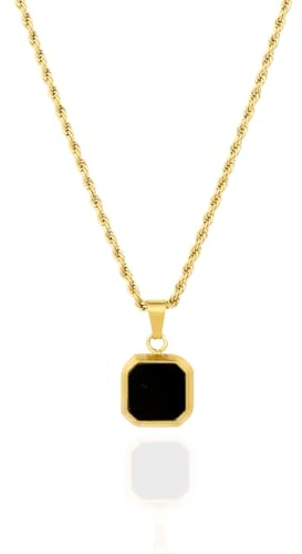 TWISTED PENDANT Black Onyx Pendant Necklace, 18K Gold & Black Stone Necklace - Stainless Steel Rope Chain - Mens Jewellery - Gold Necklace (Gold)