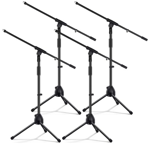 Tellegloww 4 Pcs Microphone Stand Tripod Boom Arm Floor Podium Studio Mic Stand Adjustable Height 75 Inches, Extends Arm to 27 Inches Comes with 3/8 Inch and 5/8 Inch Mount Adapters for Singing