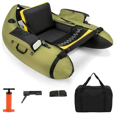 LEADZM Bateau de Pêche Gonflable Camouflage, Float Tube avec Pompe, Support de Canne Peches, Sangles Réglables, Sac de Rangement, Capacité de Charge 150 kg