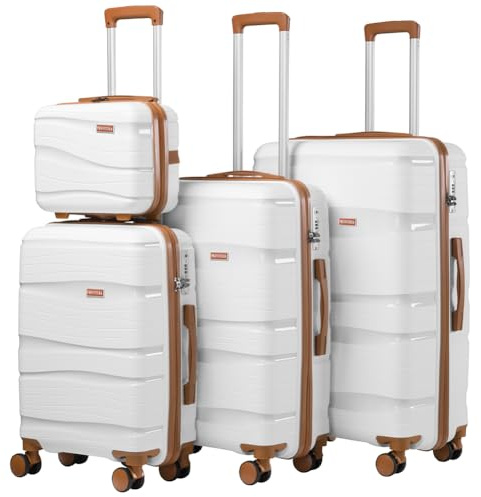 PROVITERA Set 3 + 1 Valigie con Rivestimento Rigido in Polipropilene Ultra Resistente, Trolley e Beauty Case con Maniglia Telescopica e Chiusura con Combinazione, Valigia Design Aerodinamico, Bianco