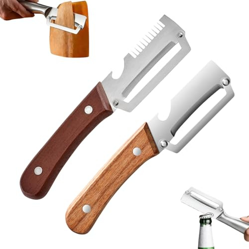 Pelador Multifuncional 3 en 1 con Mango de Madera Ergonómico, Pelador de Patatas y Frutas de Acero Inoxidable con Función de Cortador para Embutidos y Verduras para pelar Frutas y triturar cebolletas