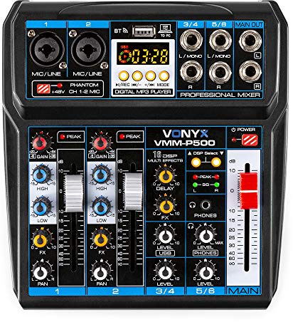 Vonyx VMM-P500 4-Channel Analog Audio Mixer with Bluetooth, USB Interface, 16 DSP Effects and Phantom Power for PA Systems, DJs, Podcasting, Home Studios & Live Music Applications
