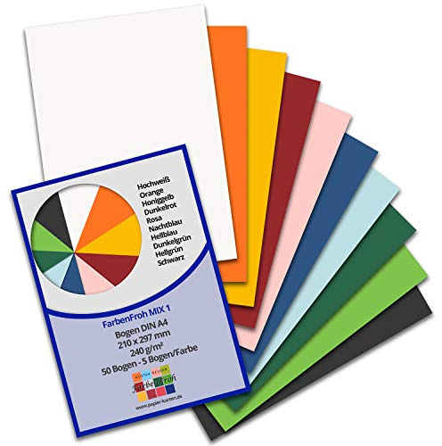 50 hojas de papel DIN A4 Mix Pack 1 - Hojas Plano - 10 colores - 240 g/m² - 21 x 29,7 cm - papel craft cartón fotográfico craft