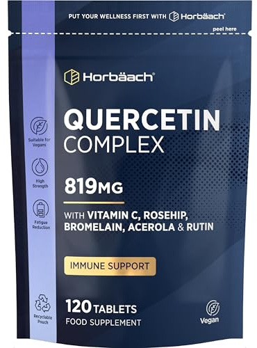 Quercetin Supplement with Bromelain 819mg - 120 Vegan Tablets | Complex formula providing 519mg of Quercetin with Bromelain, Vitamin C, Rosehip, Acerola and Rutin - by Horbaach