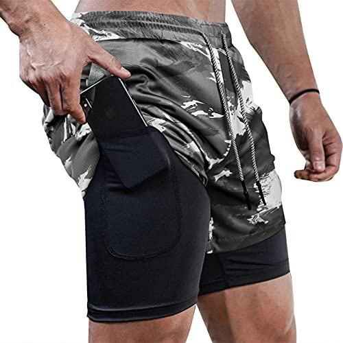 Superora Herr löpning gym 2 i 1 sportshorts andningsbara utomhus träningsshorts med fickor, Kamouflage-grå, XXL