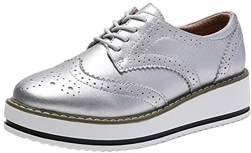 DADAWEN Brogues Femmes /Chaussures de Ville à Lacets Derbies Baskets Cuir Plateforme Argent 42
