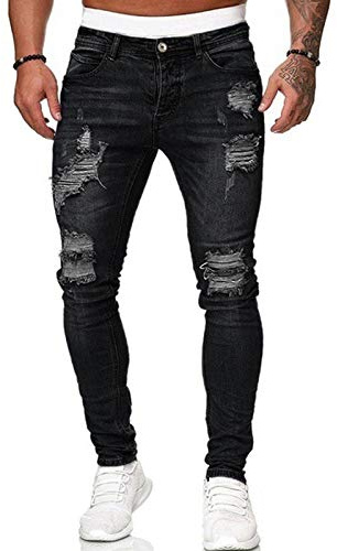 Loalirando Vaqueros Rasgados Hombre Jeans Rotos Slim Fit Pantalones Skinny de Denim Pantalones Casual de Mezclilla Pantalón Largo Hombre Vaqueros Ajustados (Negro, XXL)