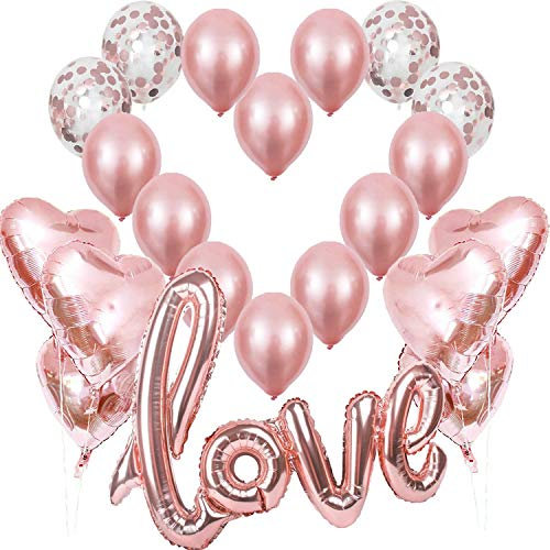 Jonami 21 Ballons Rose Or, Love XXL, Cœur Or Rose, Confettis, Baudruche Rosegold - Décoration Romantique pour La Saint Valentin, Fiançailles et Mariage
