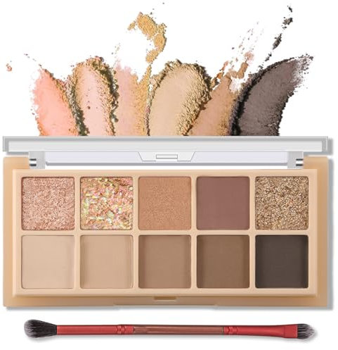 Erinde 10 Farben Glitter Lidschatten Palette, Matte Cream Eyeshadow Palette, Natürlich Nude Lidschattenpalette, Highly Pigmented & Wasserfest Koreanische Augen Makeup Set mit Pinsel for Thanksgiving