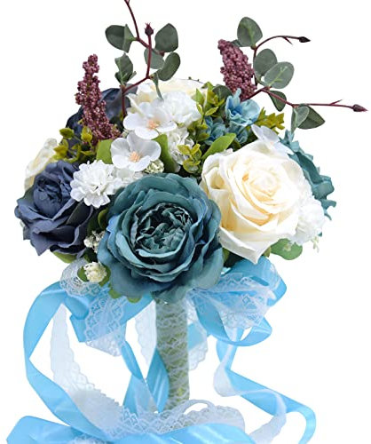 JYCRA Ramo de flores artificiales azules, ramos de boda para novia, ramo de dama de honor, flor de rosa falsa para boda, despedida de soltera, decoración del hogar