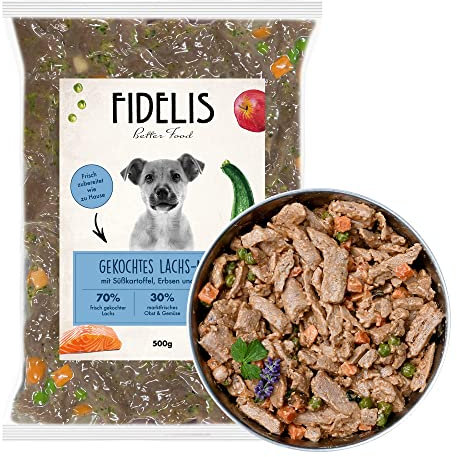 Fidelis - Gekochtes Frische-Menü Lachs für Hunde 10 x 500g - Premium Hunde Futter mit 70% Fischanteil und frischen Zutaten - Proteinhaltiges Hundefutter nass Nicht extrudiert - Zucker- & Getreidefrei