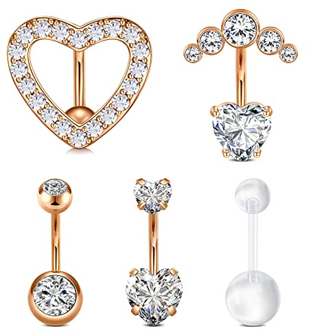 WillTen Oro Rosa Piercing Ombligo Invertida Mujer Acero Inoxidable 10MM Piercing Ombligo Invertida Piercing Vientre 14G Corazón Diamante Joyería Piercing