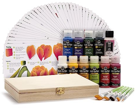 FolkArt Kit floral de un solo trazo, incluye 10 pinturas multisuperficie, 5 pinceles, 50 guías de enseñanza a todo color, 1 medio flotante y una caja de almacenamiento de madera
