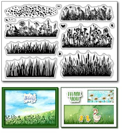 arriettycraft Blomkant klara stämplar för korttillverkning eller journaltillverkning, gräs gummistämplar blommig bakgrund silikonstämplar för scrapbooking papper hantverk dekoration