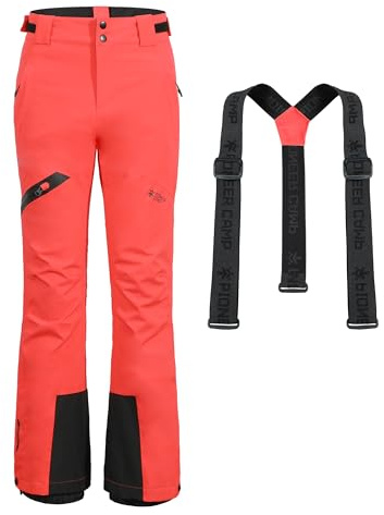 Pioneer läger kvinnor skidor snöbyxor vattentäta tejpade sömmar integrerade snödamasker ledade knän justerbara avtagbara hängslen vinter softshell utomhusbyxor, Korallrosa, XL