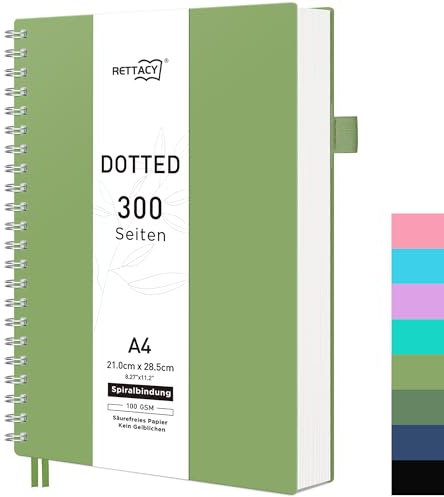 RETTACY Anteckningsbok A4 Dotted, bullet journal spiral-anteckningsbok med prickade 300 sidor, mjukt omslag ringbok 100 g/m² tjock för kvinnor och män arbete kontor skola, 14,5 x 21 cm – grön