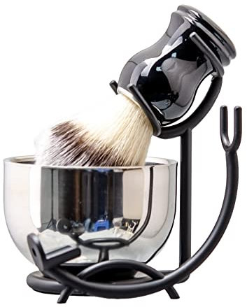 Grandslam Set di Pennelli da Barba Premium, 3 in1 Pennelli da Barba da Uomo, Supporto e Ciotola in Acciaio Inox, Kit Tradizionale per Rasatura a Umido, Set da Barba Manuale per Regalo da Uomo (Nero)
