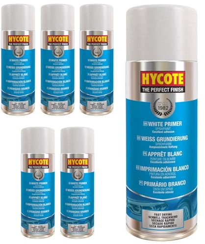 Hycote Sprühprimer Weiß 400 ml (6er Pack) – Schnelltrocknender Acryl Grundierlack mit hoher Deckkraft, für Metall, Kunststoff, Keramik und Holz