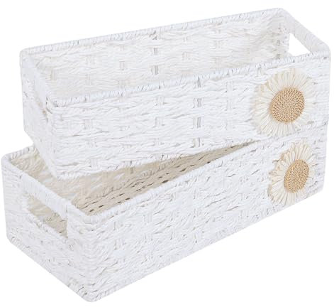 YheenLf Cestini Portaoggetti, Cesta Tessuto Rettangolare con Maniglia, Immagazzinaggio Contenitori, Scatole Dell'organizzatore Delle Forniture del Bagno, 37x16,5x11cm, Bianco