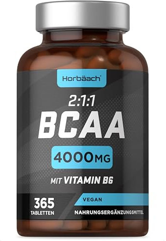 BCAA Tabletten | 365 Stk - Bis zu einem Jahresvorrat | 1000mg pro Tablette | Essentielle Aminosäuren Leucin, Valin und Isoleucin Plus Vitamin B6 | von Horbaach