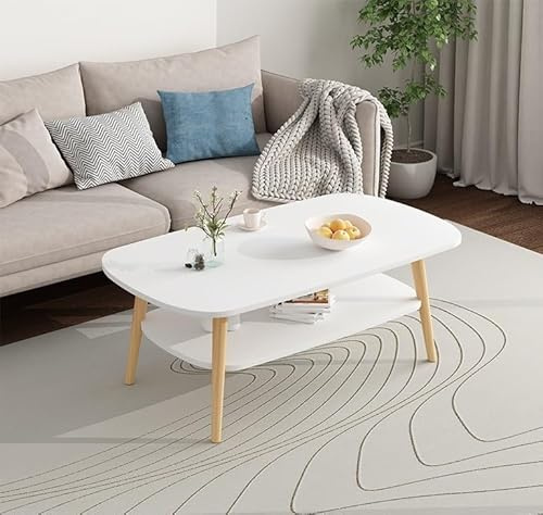 Coffee Table, 100x50cm White Living Room Side Table Elliptic End Table,Tea Table with Wood Table Legs 2-Tier Table for Apartment Home Office(Rectangular, White, 100 * 50 * 45)