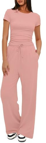 Crazy Bean Tuta Donna Completa Sportiva Estiva Elegante con Coulisse a Vita Alta, Top Manica Corta e Pantaloni, Rosa, Taglia S