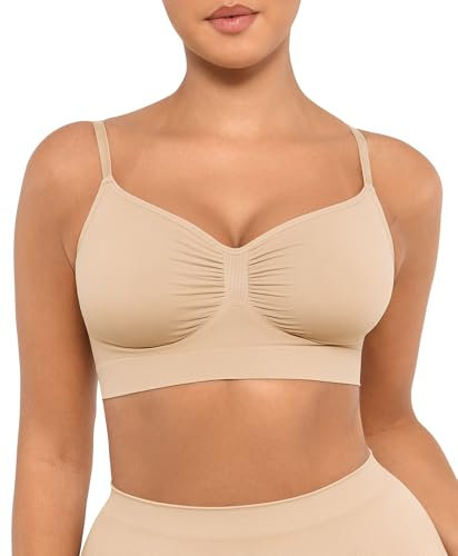 FeelinGirl Bras for Women Seamless Bra Comfort Bras Wire Free Plus Size Minimiser Bra Adjustable Straps Beige