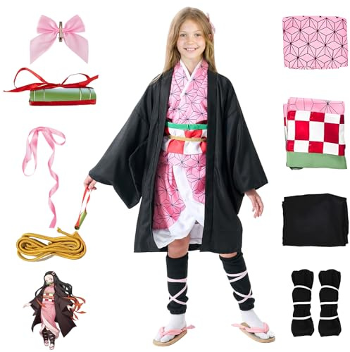 yumcute Nezuko Cosplay Costume Outfit with Accessories, Anime Cosplay Kimono for Girls Women, Halloween Carnival Party Costume