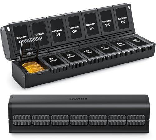 AUVON Innovative Faltbare Tablettenbox 7 Tage Morgens Abends, Medikamentenbox Kompakt mit Doppeltem Schutz (Magnetverschluss), Pillendose Tabletten Organizer für Medikamente, Vitamine, Fischöl usw.