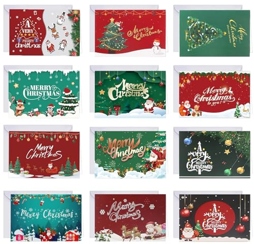 Kvaznix 12 Pièces Carte de Noël avec Enveloppe et Autocollants Enveloppes Joyeux Noel Pliantes pour Noël Cartes de Vœux Cartes Postale Noel pour Famille et Amis