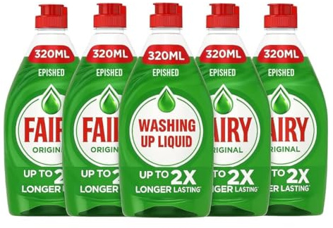 5 x Fairy Original Washing Up Liquid 320ml Bottles – Concentrated Powerful Grease-Cutting Dishwashing Liquid with Long-Lasting Fresh Scent – Gentle on Hands Kitchen Cleaning Essential + Epished Guide