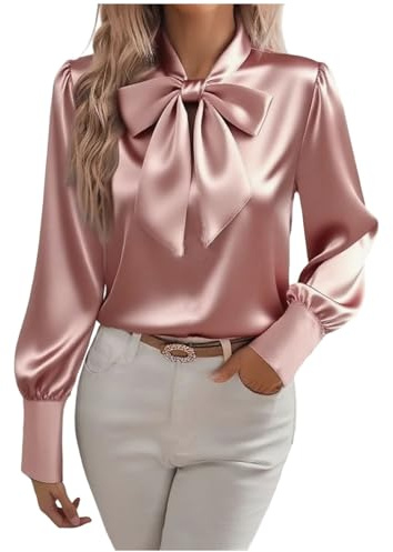 HAOLEI Satin Blouse for Women UK 2025 - Ladies Satin Silk Shirts Elegant Vintage Long Sleeve Bow Tie Neck Shirts Going Out Casual Smart Business Work Office Tops Pink