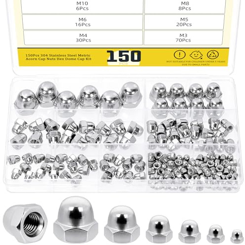 Mardatt 150Pcs M3 M4 M5 M6 M8 M10 304 Stainless Steel Acorn Nuts, Metric Hex Acorn Cap Nuts Assortment Kit, Dome Head for Indoor & Outdoor Use, Silver